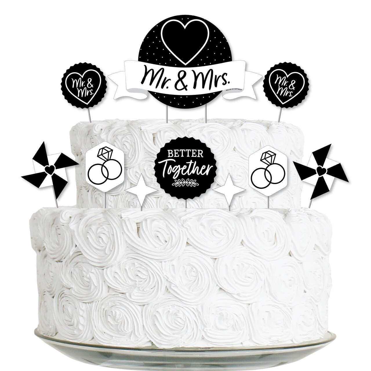 Big Dot of Happiness Mr. and Mrs. - Black and White Wedding or Bridal Shower Cake Decorating Kit - Mr. and Mrs. Cake Topper Set - 11 Pieces